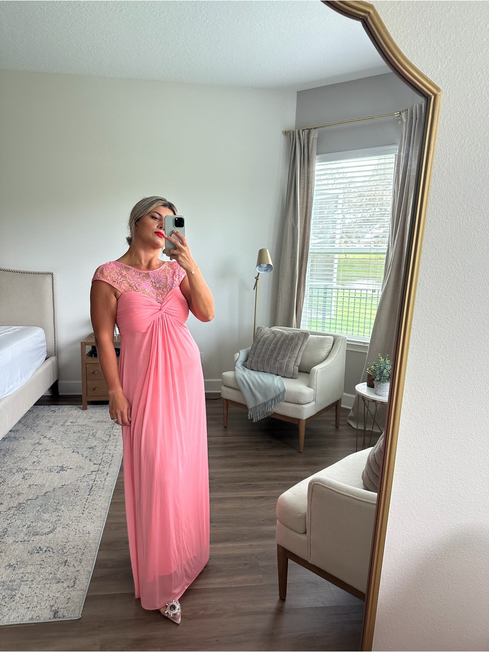 Alex Evenings Pink Lace Yoke Maxi Dress